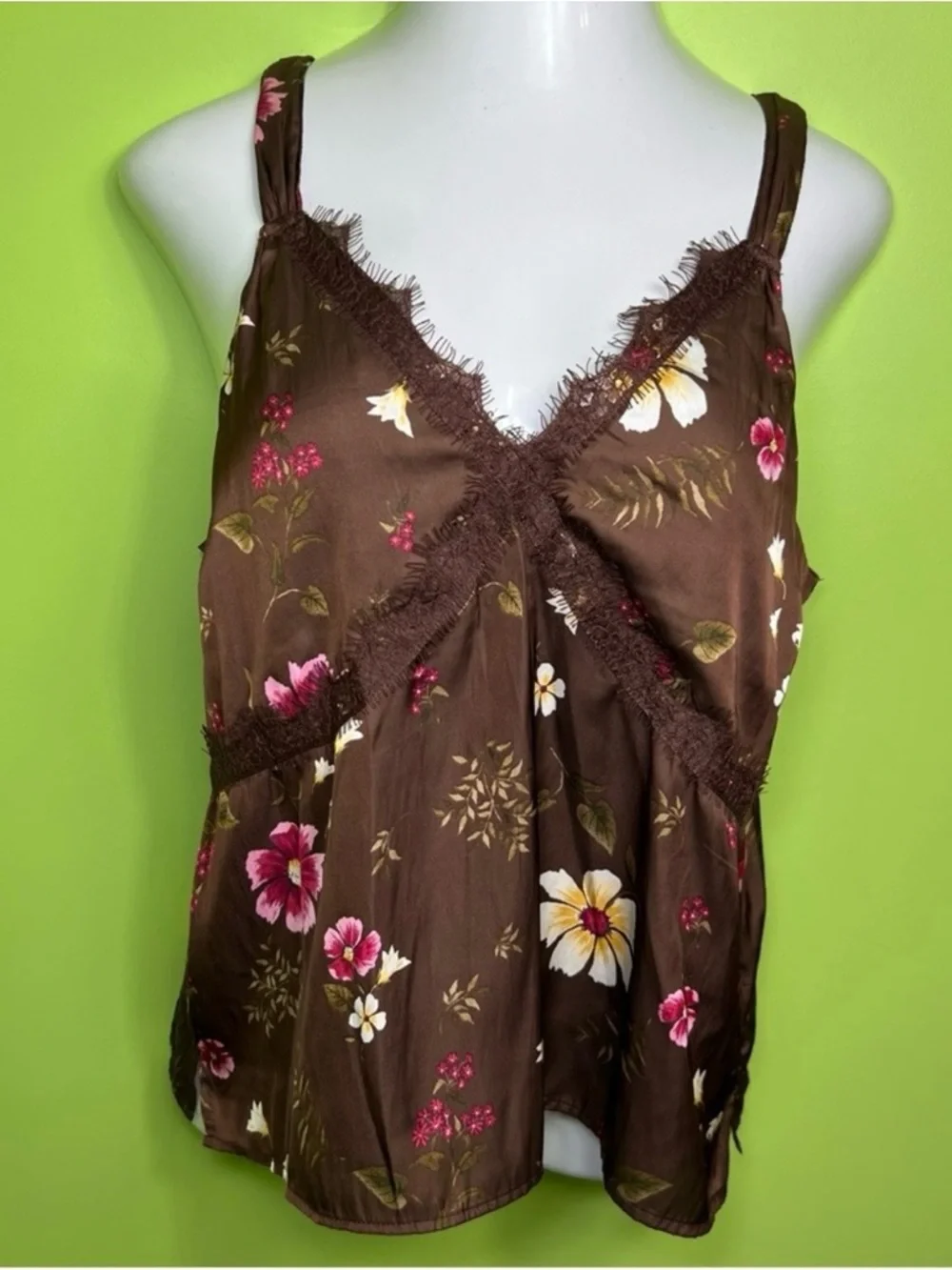Y2K babydoll Lace-Trimmed Floral spring summer Satin Cami Top size L NWT - Picture 4 of 6